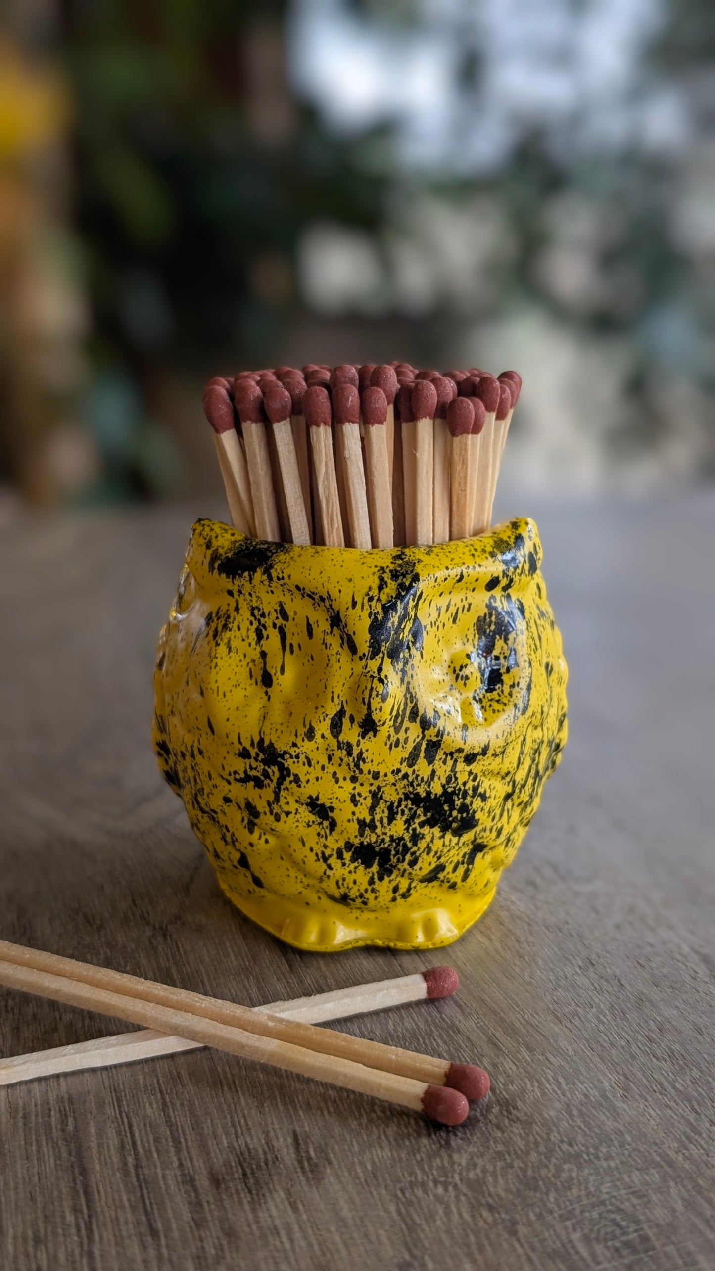 Yellow and Black Marbled Owl Match Jar