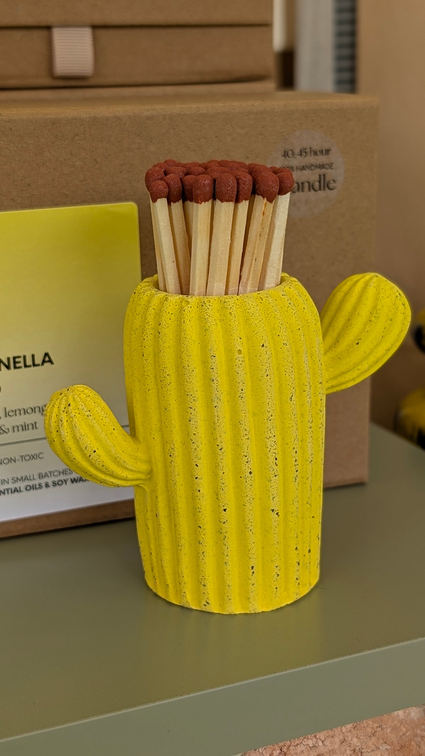Citronella, Lemongrass & Mint Candle & Matching Yellow Cactus Match Pot - Gift Box
