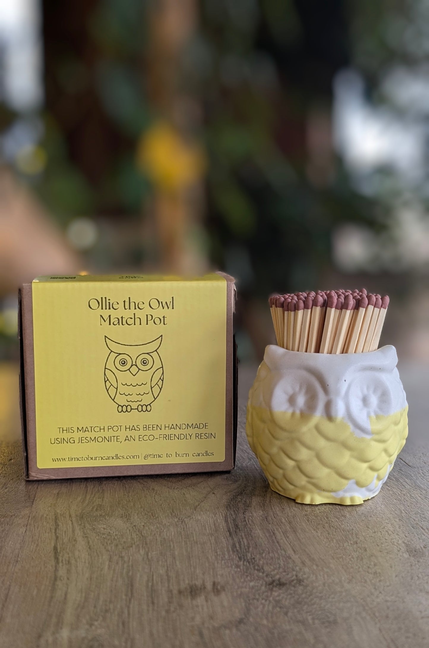 Yellow and White Owl Match Jar