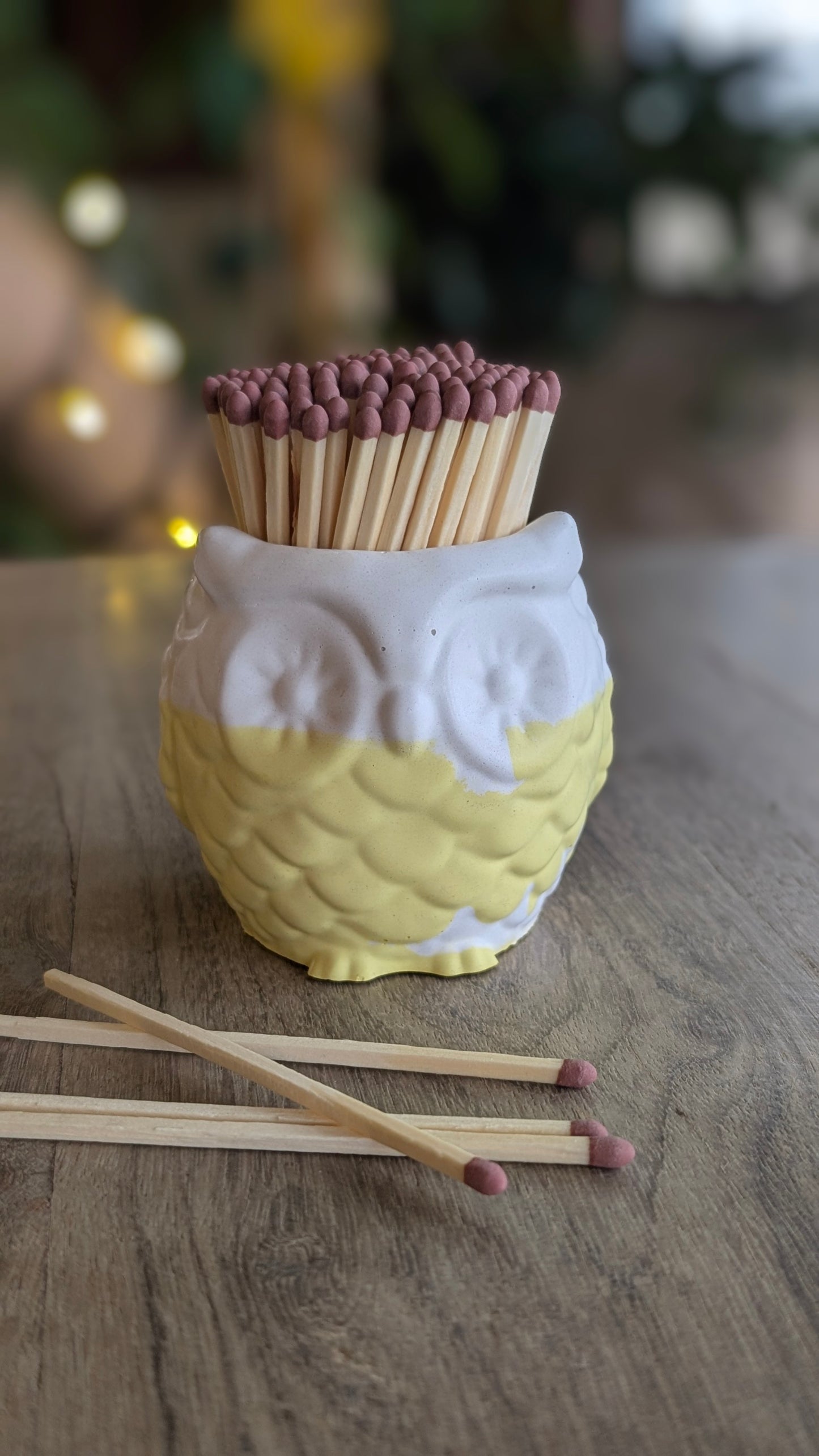 Yellow and White Owl Match Jar