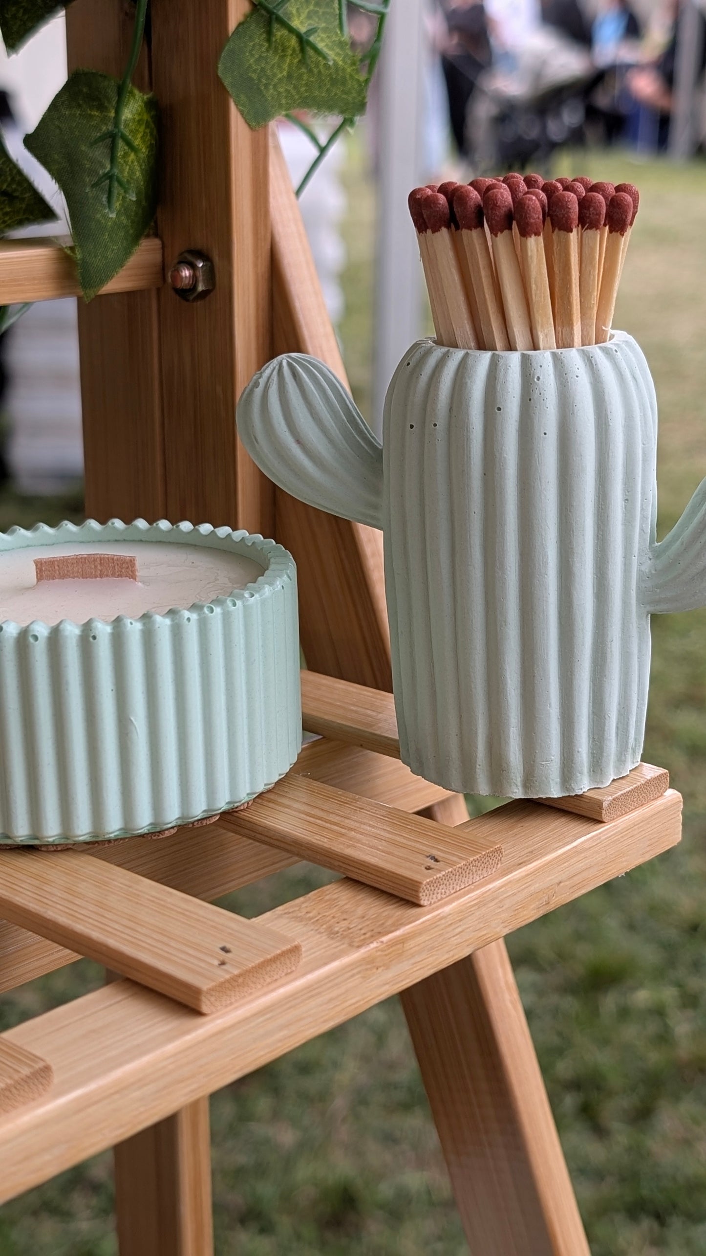 Eucalyptus, Rose Geranium, Lavender & Cedar Candle & Matching Green Cactus Match Pot - Gift Box