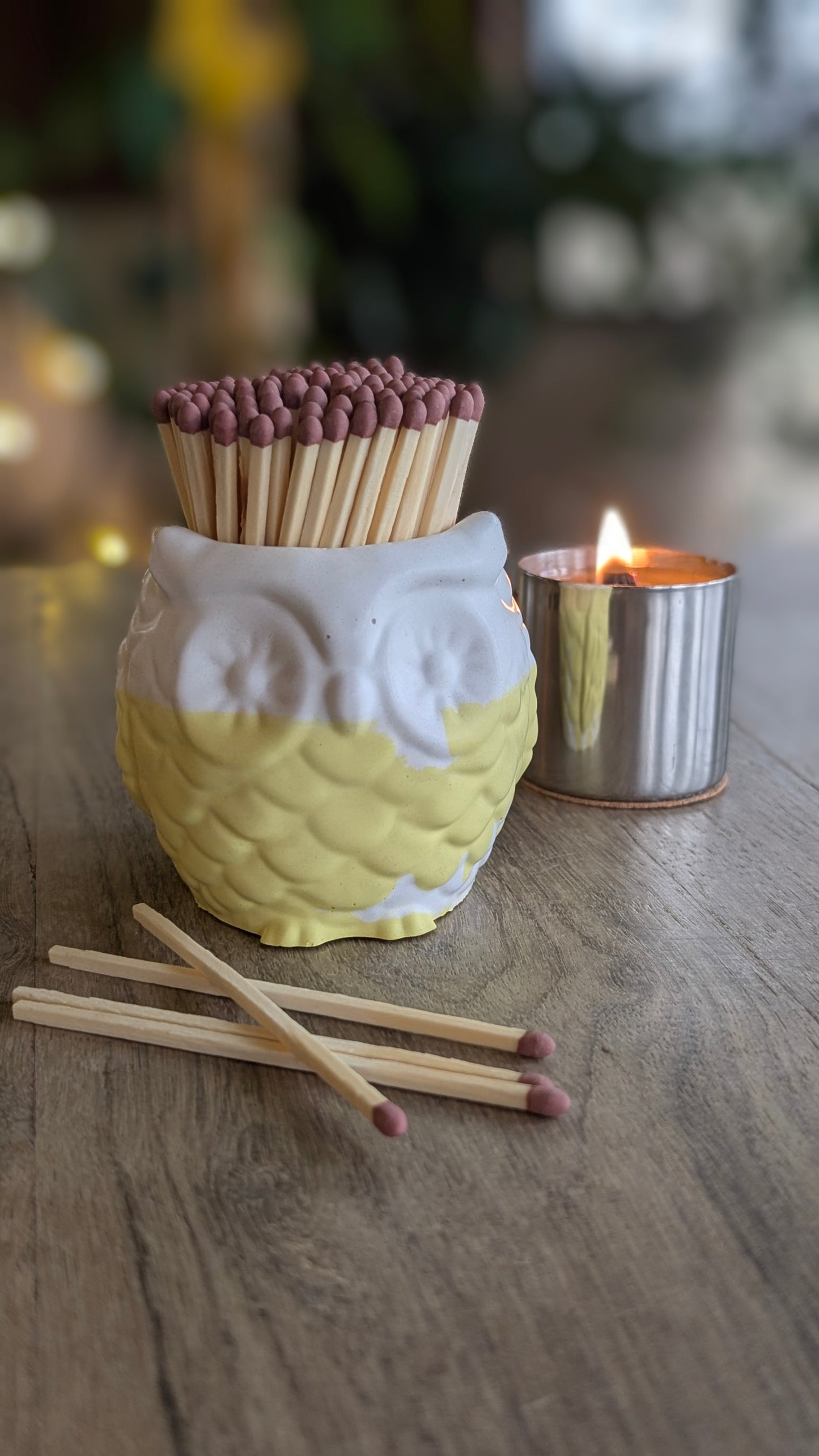 Yellow and White Owl Match Jar