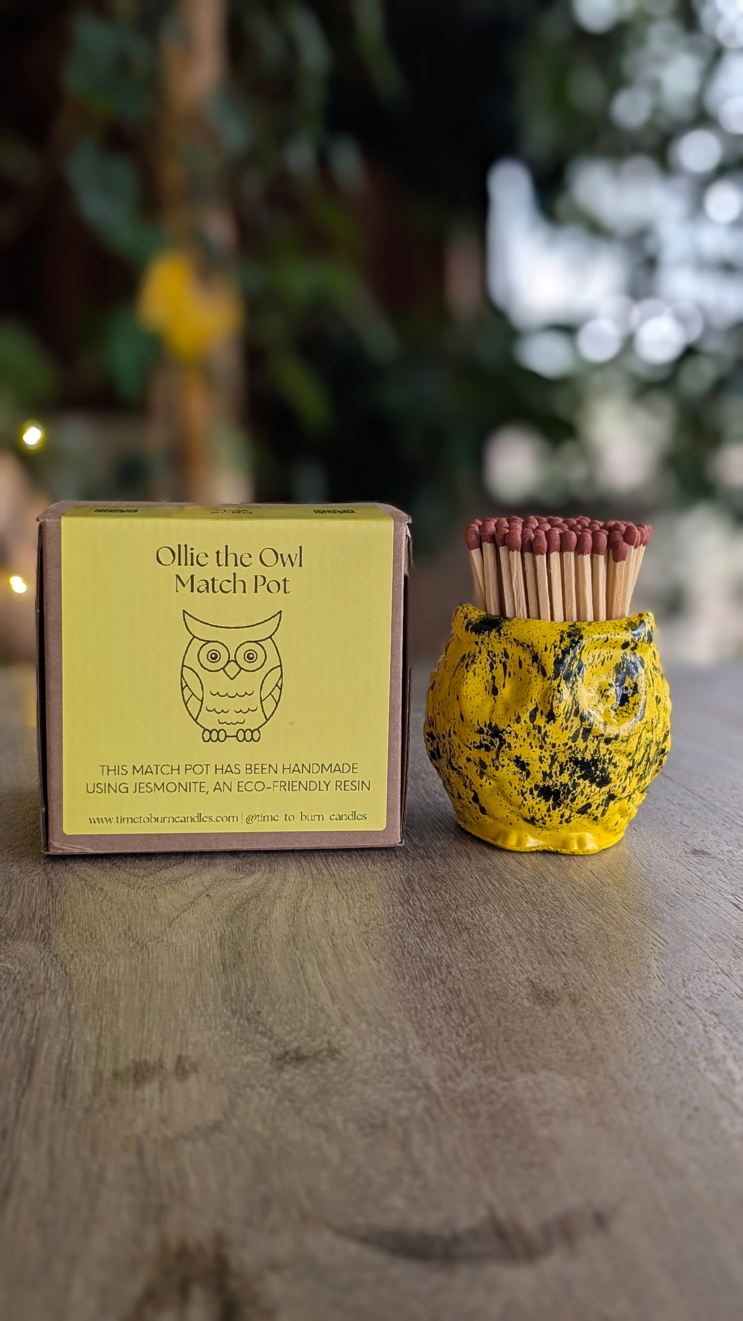Yellow and Black Marbled Owl Match Jar