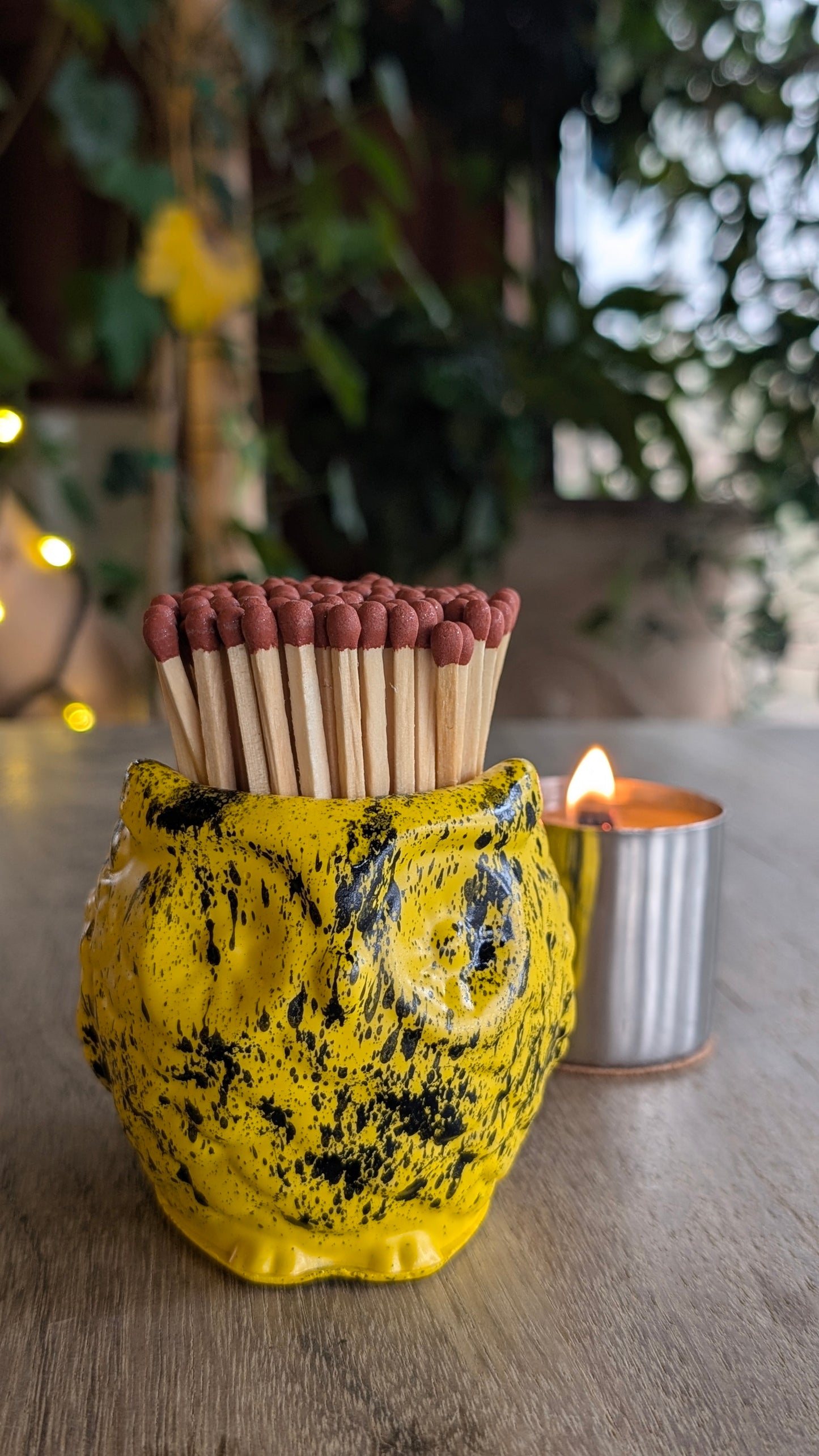 Yellow and Black Marbled Owl Match Jar