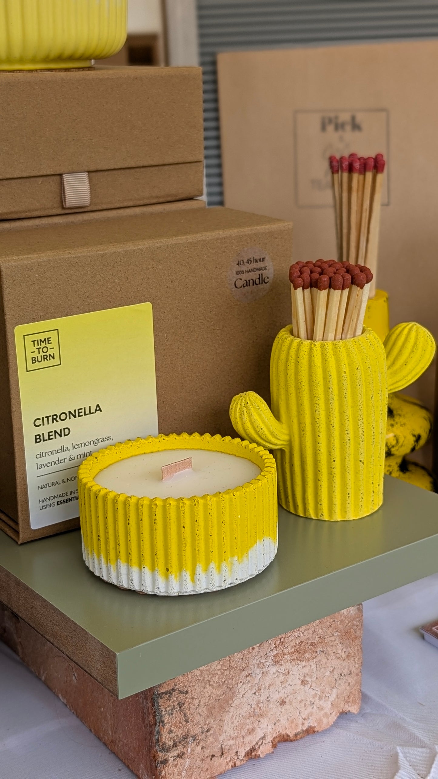 Citronella, Lemongrass & Mint Candle & Matching Yellow Cactus Match Pot - Gift Box