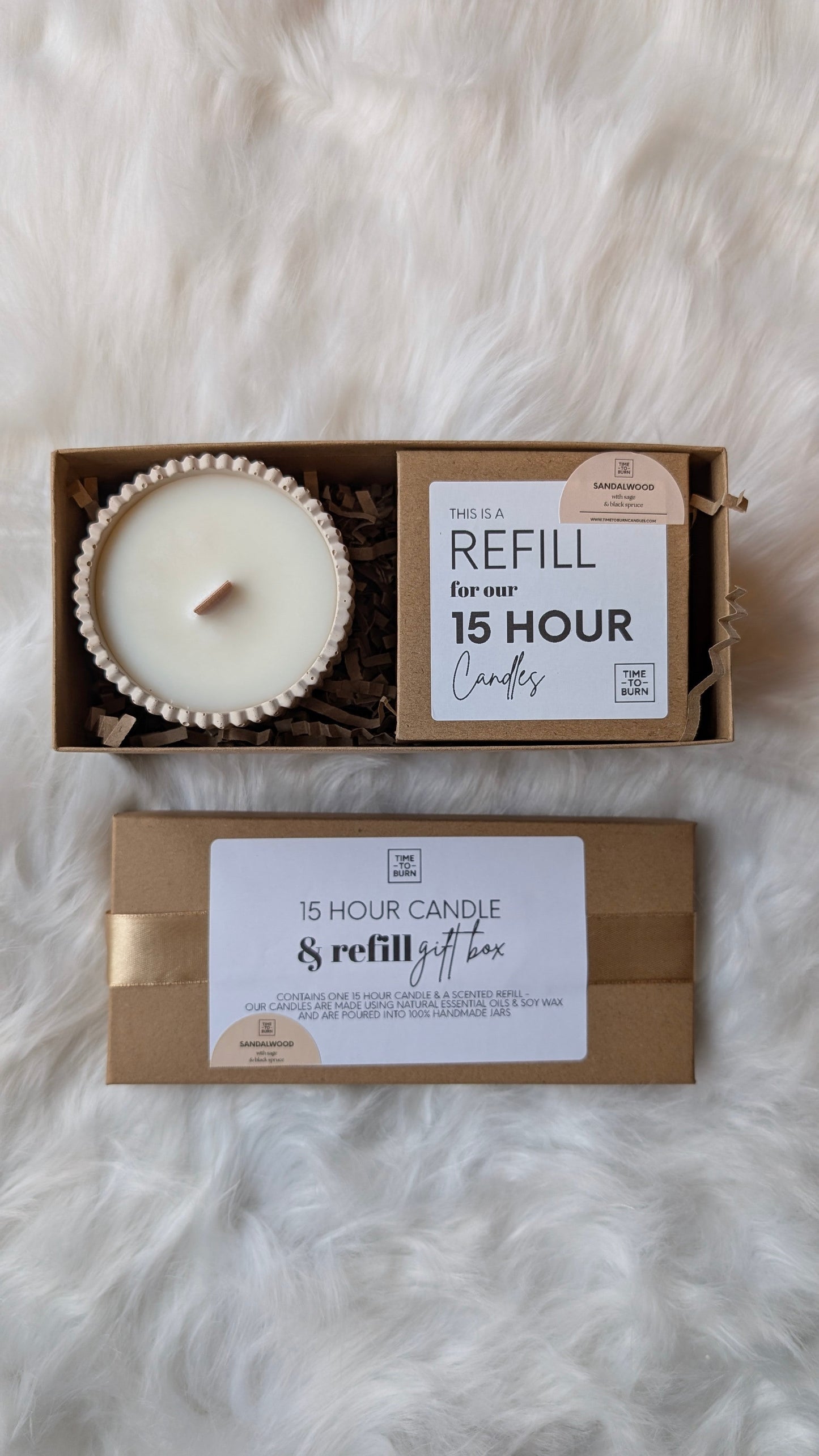 Sandalwood Blend 15 Hour Refill Gift Box - Refillable 15 Hour Candle + Extra Refill - Candle