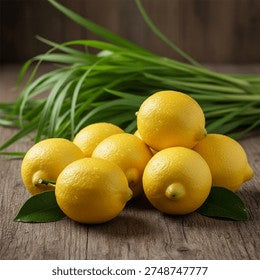 A yellow citronella ribbed handmade candle jar with white soy wax sits on a bright yellow background, styled with a sliced lemon, a green stalk, and mint leaves.