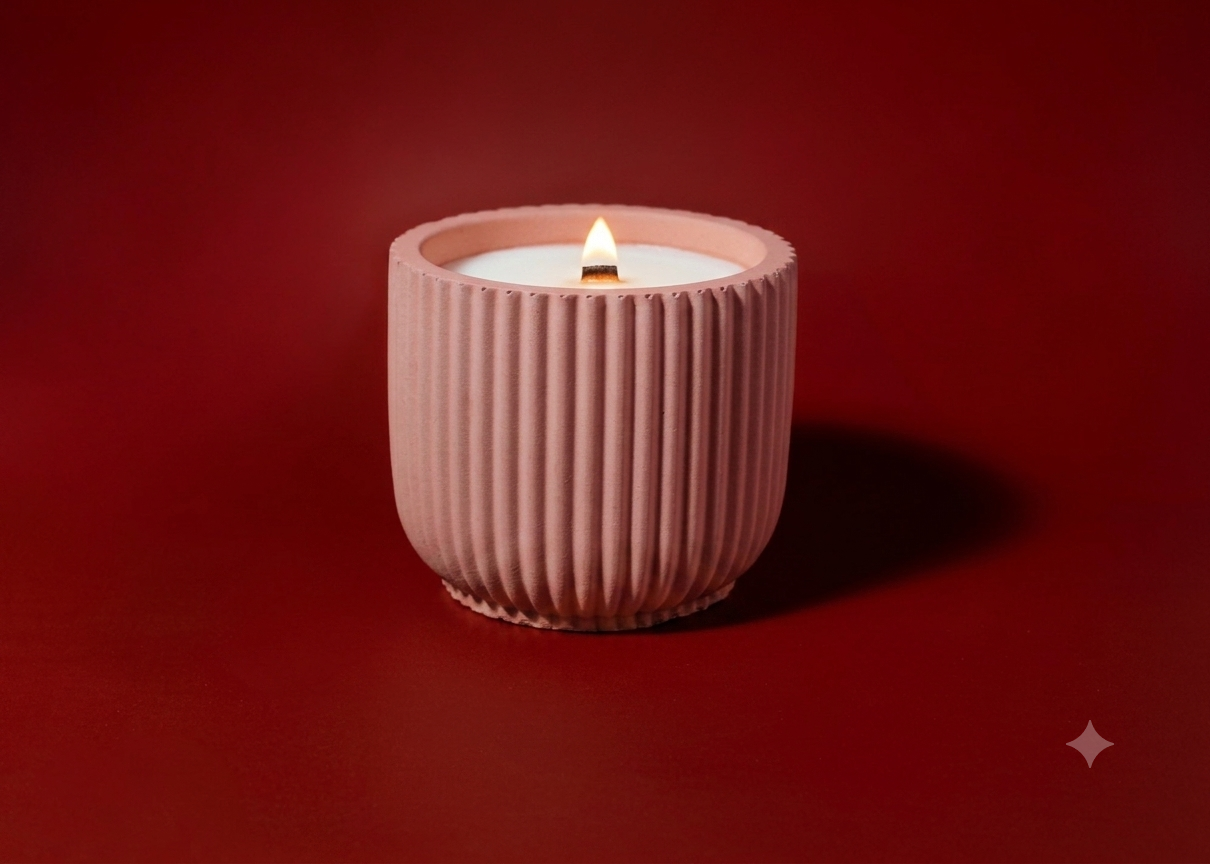 A hand with pink nail polish holds a lit match above a small purple candle in a ribbed light purple container against a lavender background.