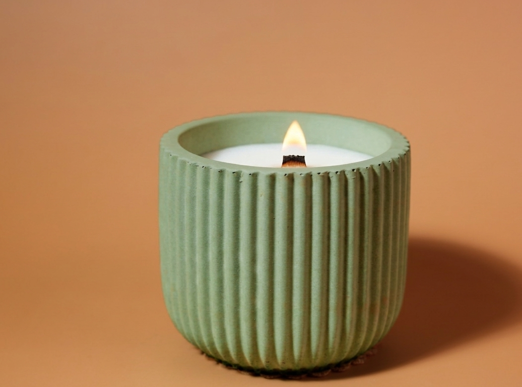 A lit candle in a ribbed, light sage green ceramic holder, set against a solid warm terracotta background.