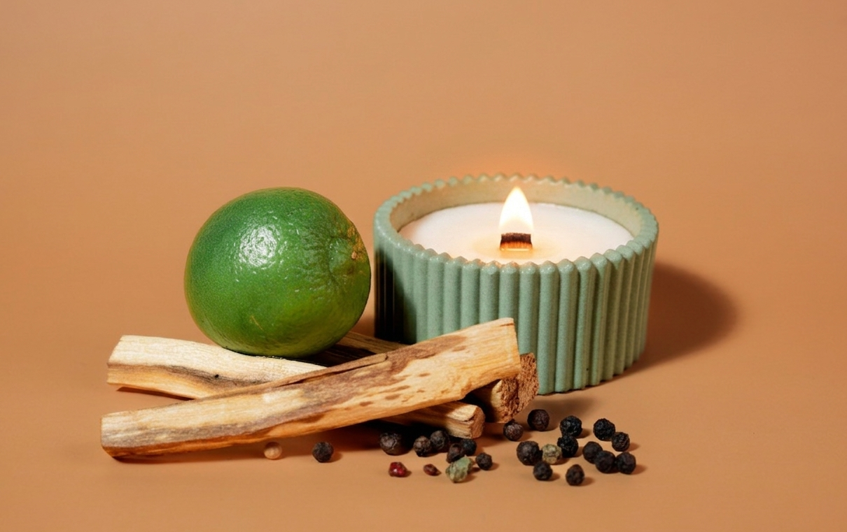 A lit green vetiver patchouli soy candle in a ribbed sage green holder sits on a warm tan background, styled with a green lime, wood bark pieces, and scattered black peppercorns.