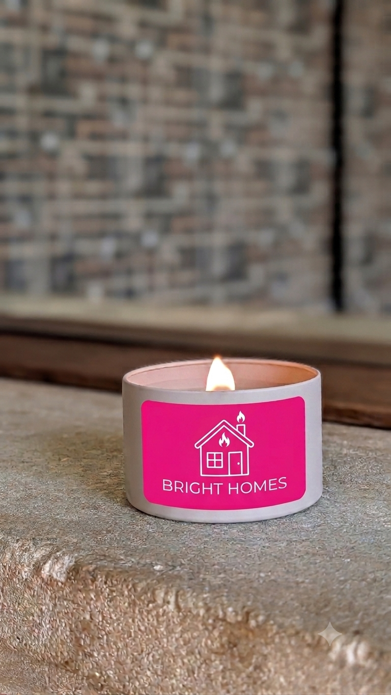 A lit scented candle in a pink tin jar with a bright pink label reading 'BRIGHT HOMES' and a small house icon, placed on a stone surface with a blurred brick wall background.