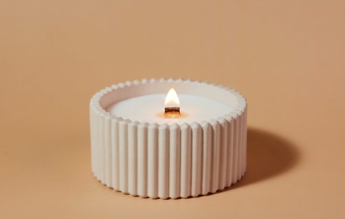 A ribbed cream ceramic candle holder with a lit wick, containing white wax, set against a solid warm beige background.