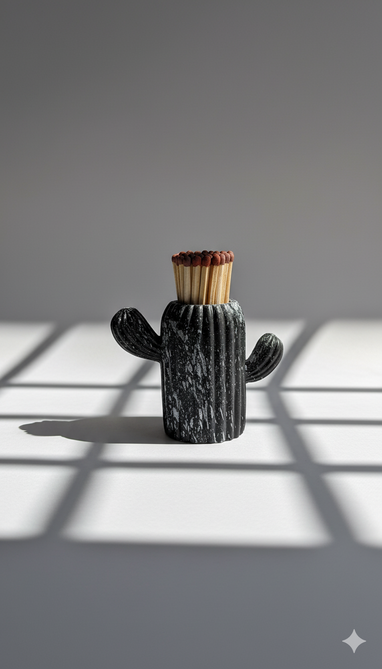 Clive the Black & White Marbled Cactus Match Pot - Matches