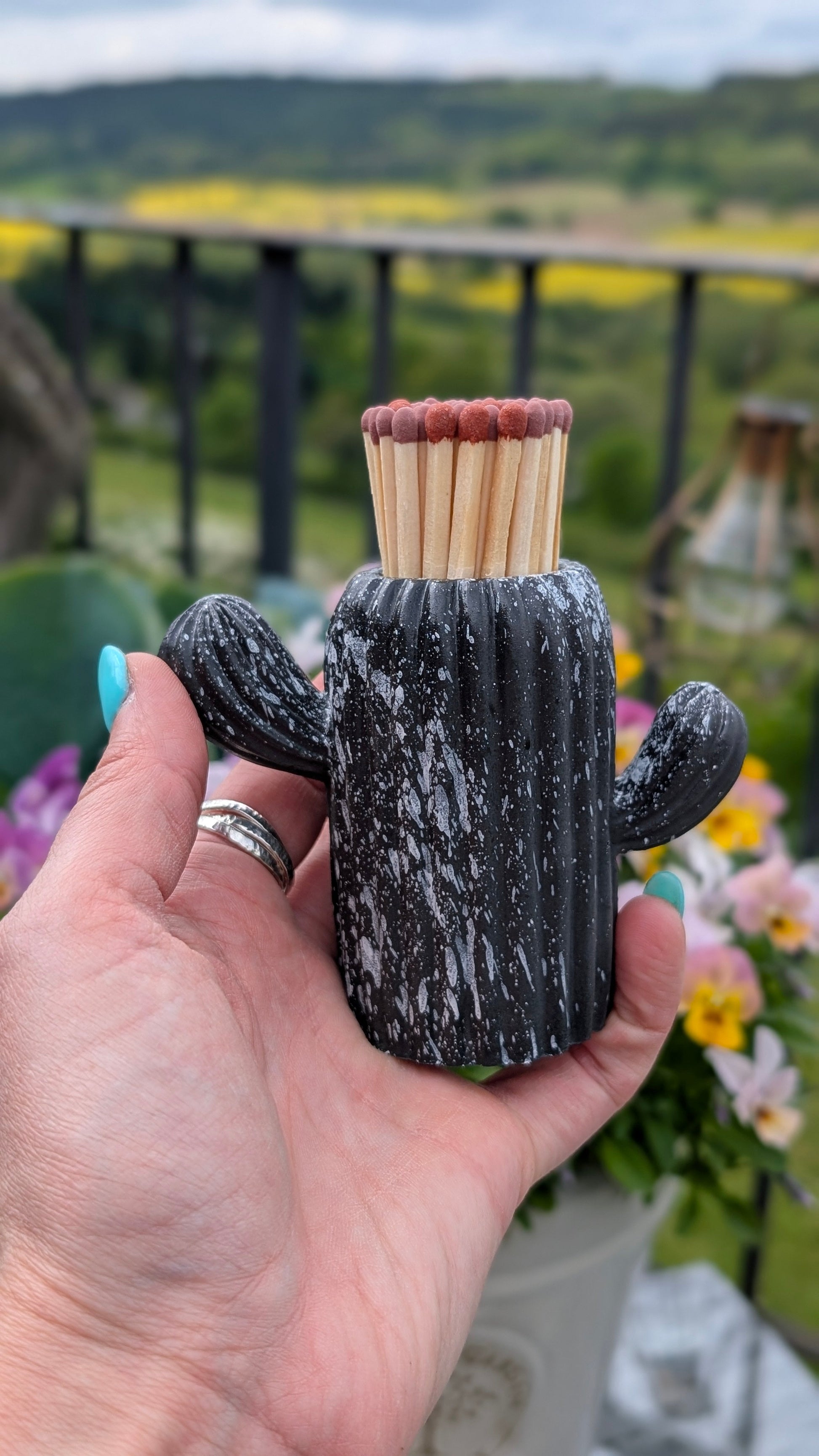 Clive the Black & White Marbled Cactus Match Pot - Matches