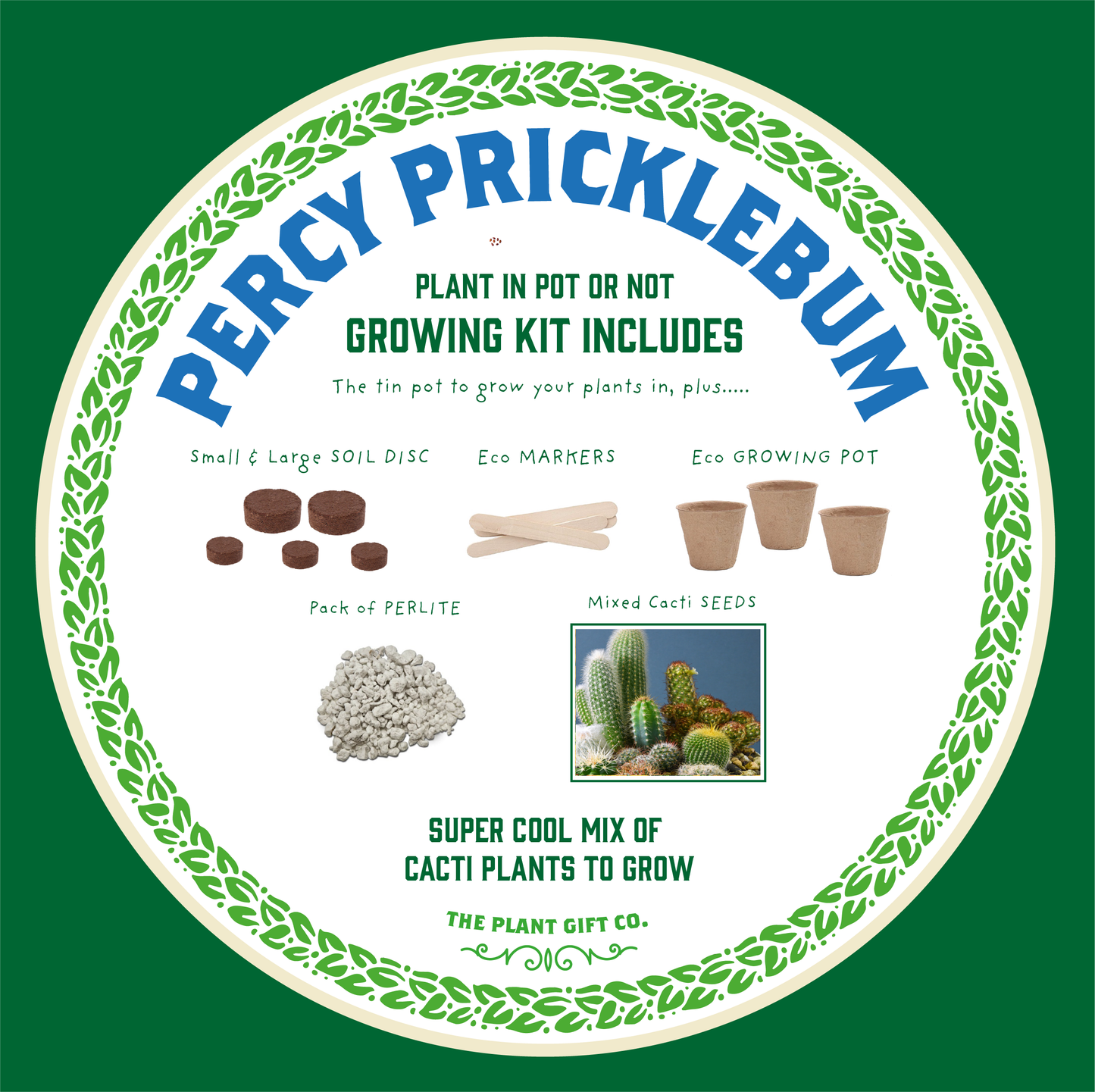 Percy Pricklebum. Grow Your Own Cacti Kit, Gardening Gift