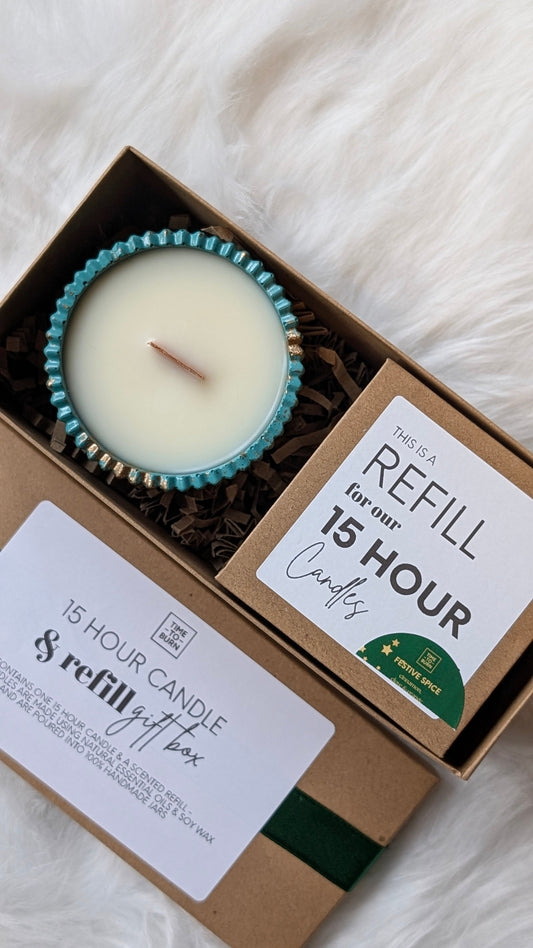 Festive Spice 15 Hour Refill Gift Box - Refillable 15 Hour Candle + Extra Refill - Candle