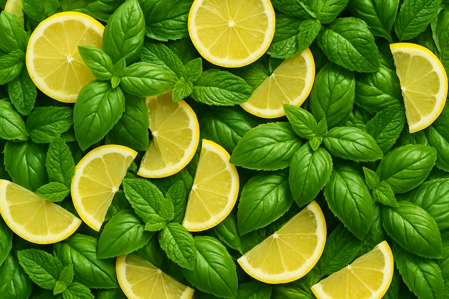 Fill the page with natural basil and mint leaves and loads of lemon slices