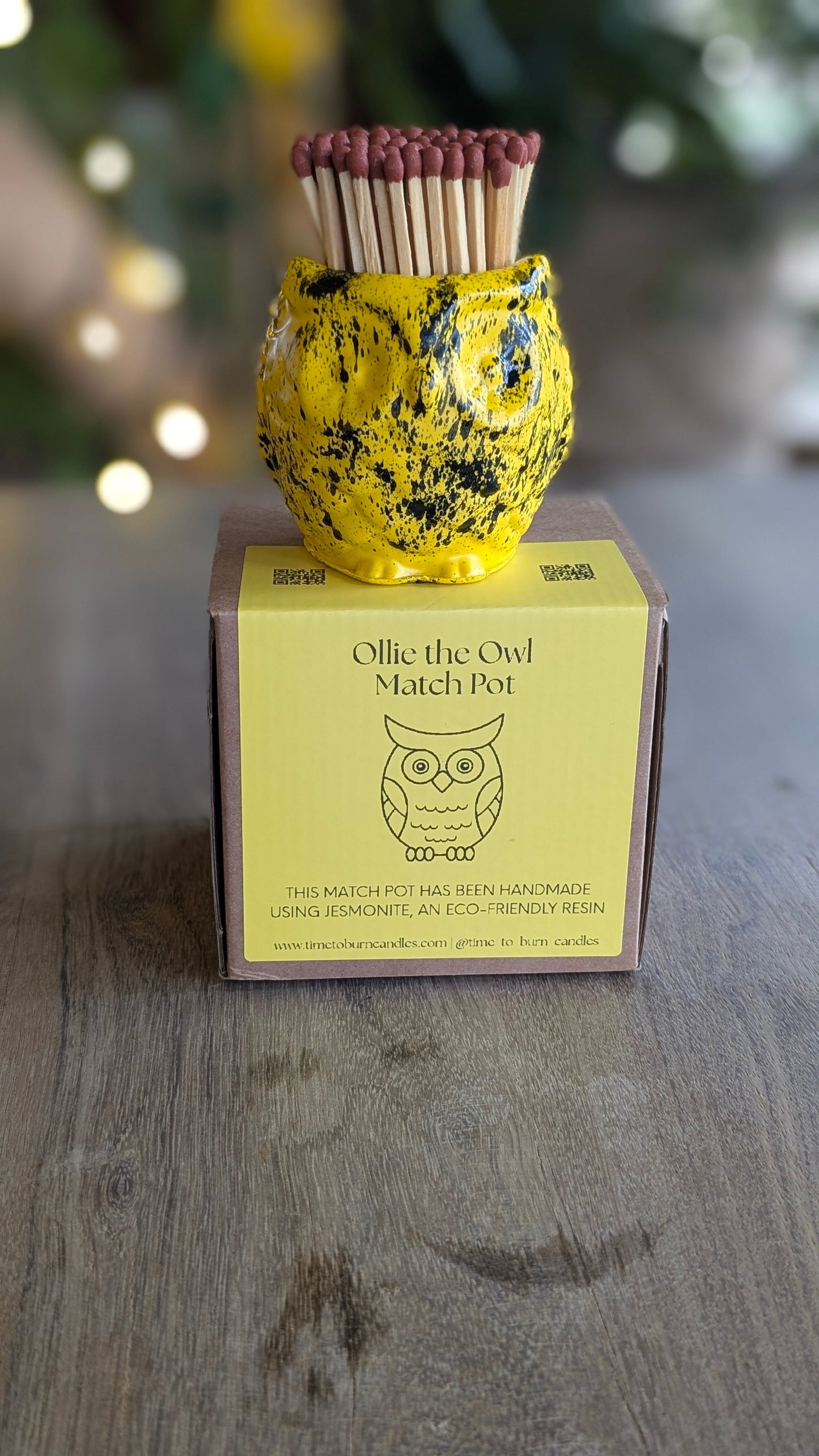 Ollie the Yellow and Black Marbled Owl Match Jar - Matches
