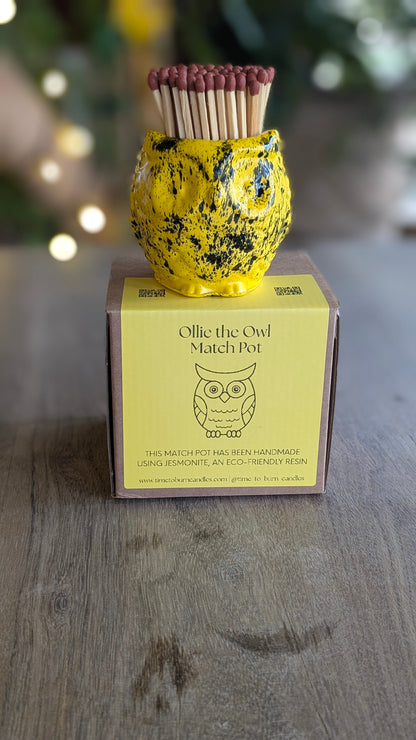 Ollie the Yellow and Black Marbled Owl Match Jar - Matches
