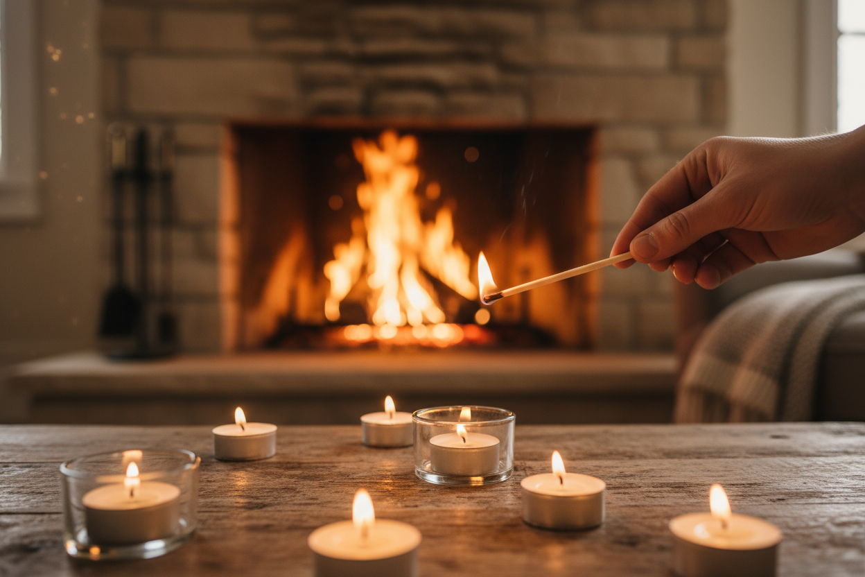 Photo of someone lighting a long match and then lighting a tealight. Cosy background with log fire burning and in foreground tealights are on a table.