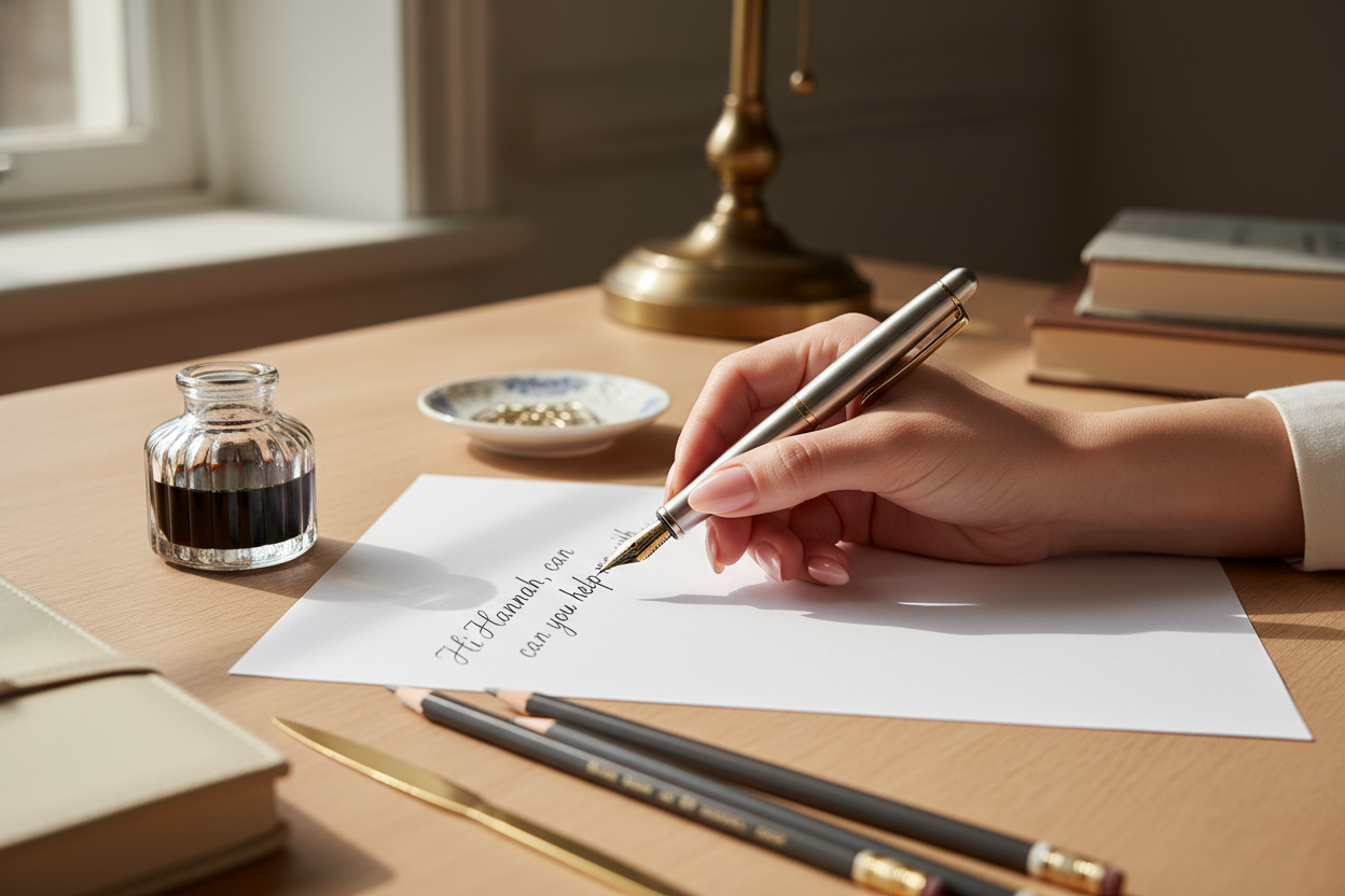 Picture of someone writing on a piece of paper. Show a nice hand with nice nails. Show some writing apparel like an ink pot and pencils. On the paper the writing should say Hi Hannah, can you help me with...