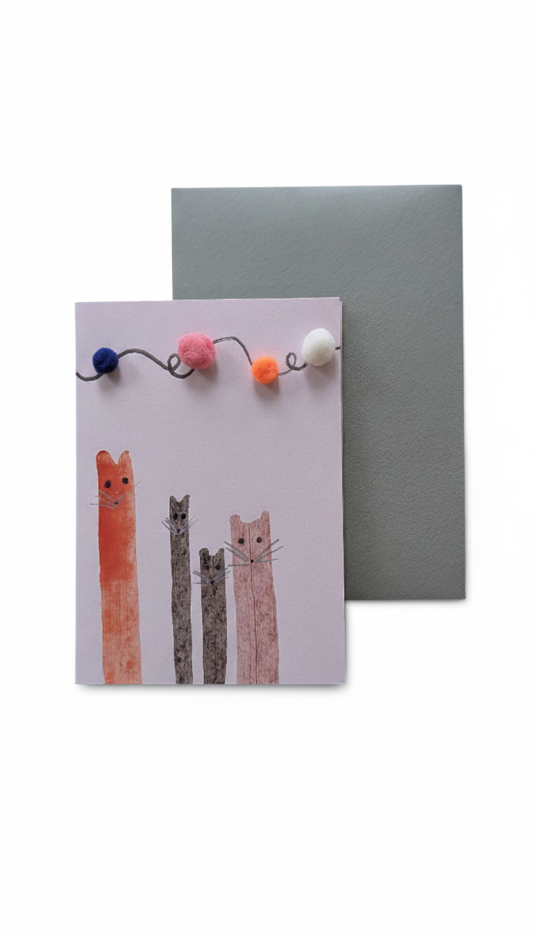 Pink Hand Painted Cat Birthday Card - with 3D bobbles