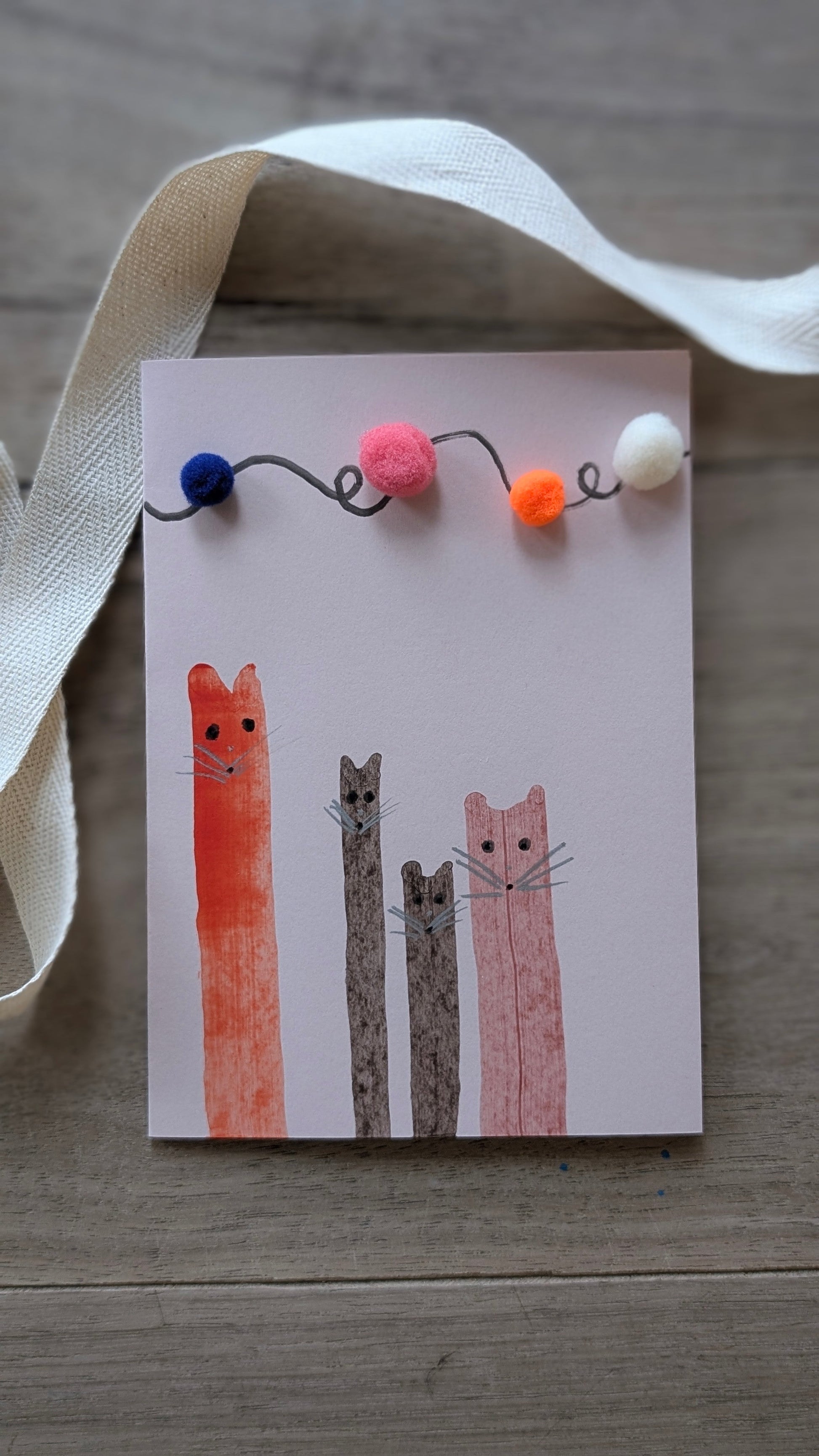 Pink Hand Painted Cat Birthday Card - with 3D bobbles
