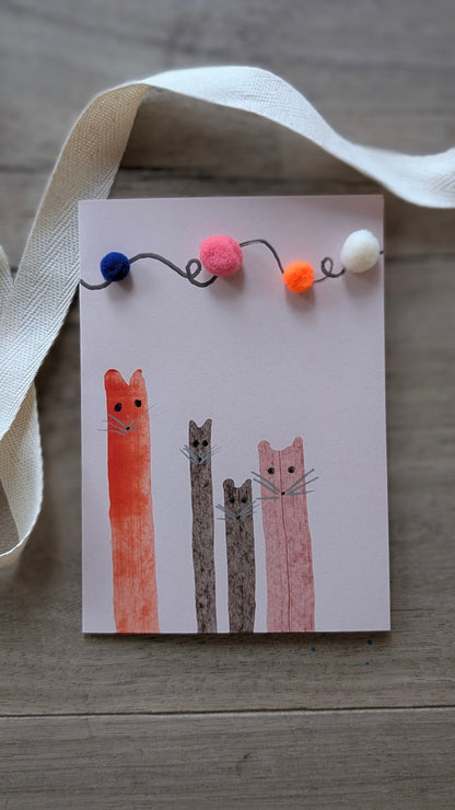 Pink Hand Painted Cat Birthday Card - with 3D bobbles