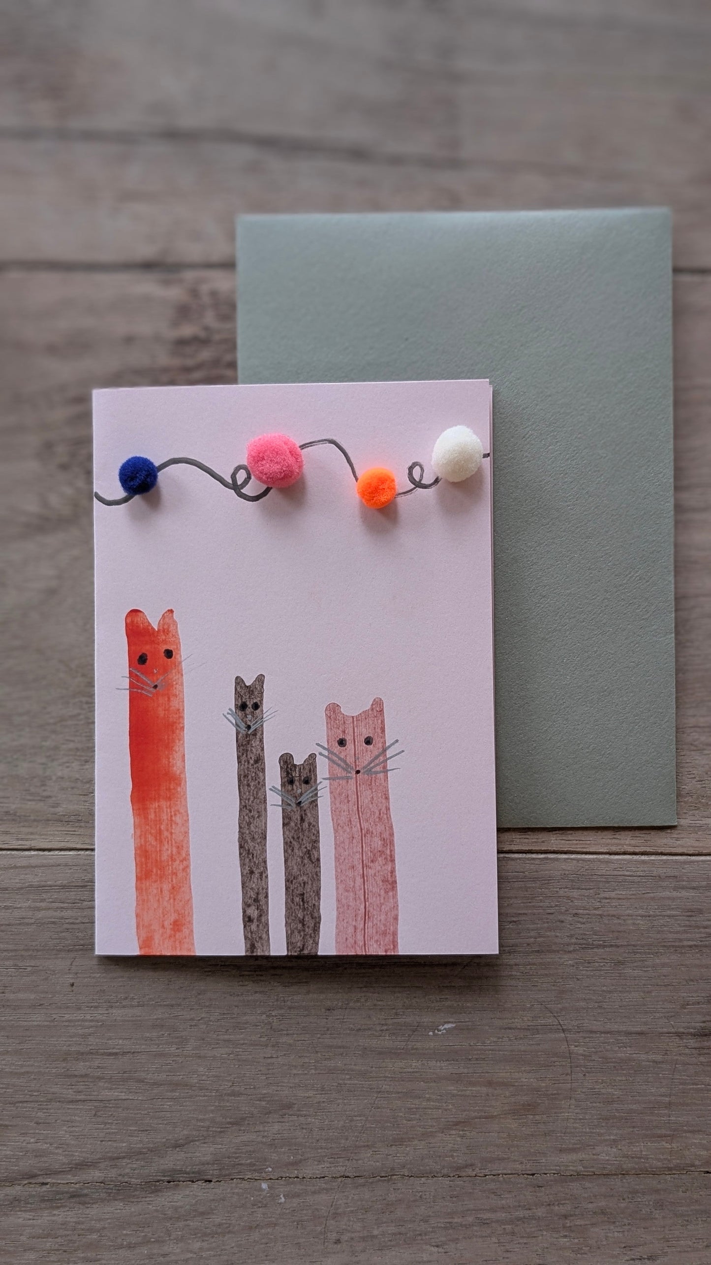 Pink Hand Painted Cat Birthday Card - with 3D bobbles