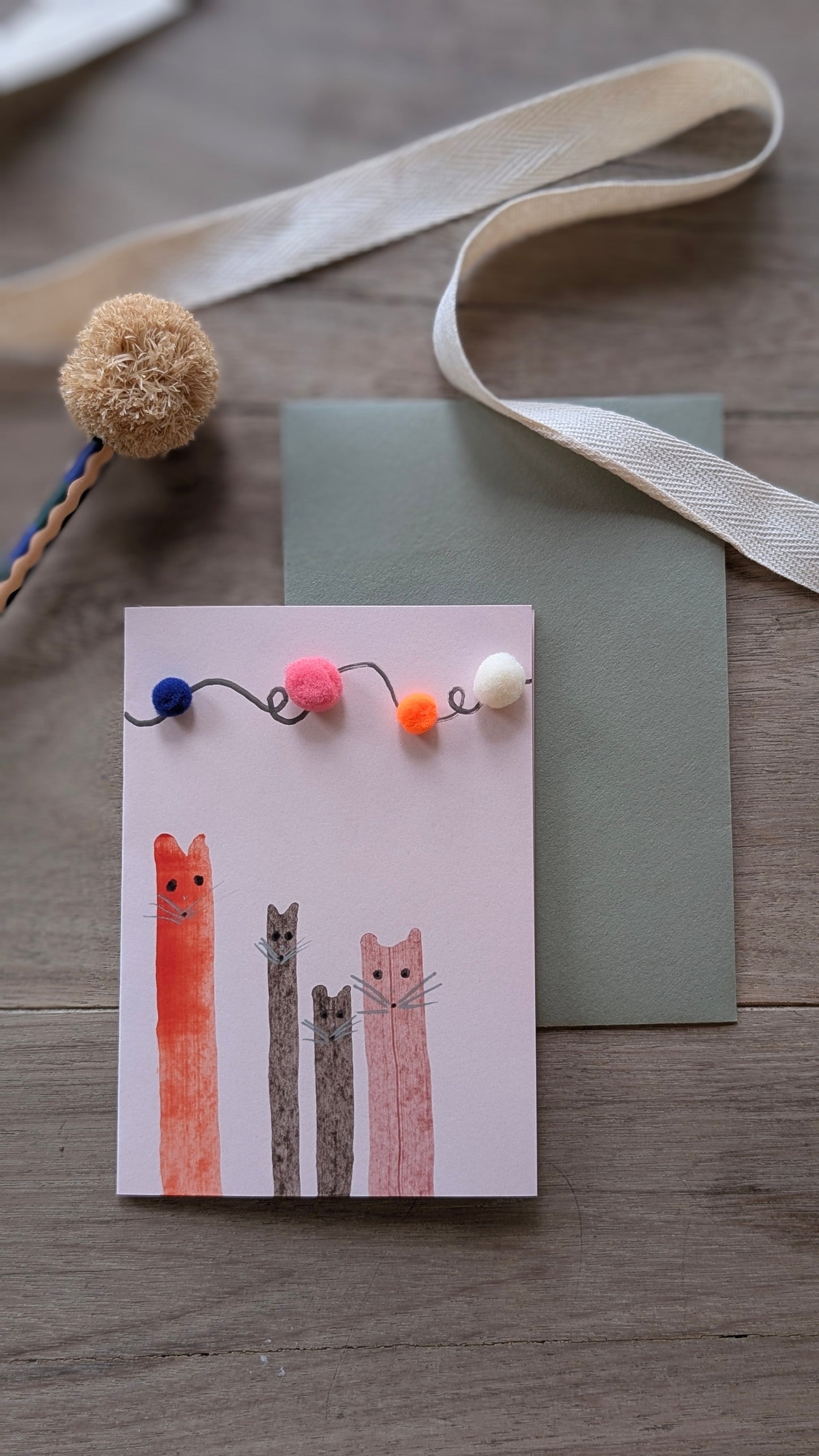 Pink Hand Painted Cat Birthday Card - with 3D bobbles