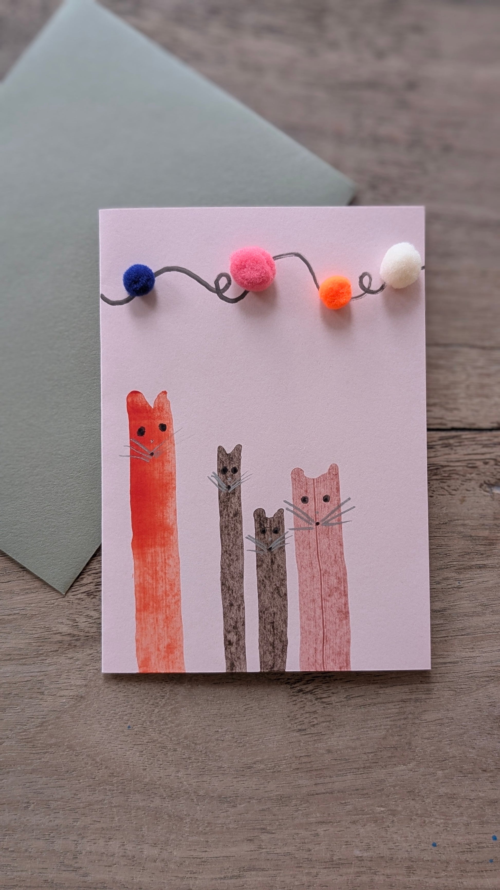 Pink Hand Painted Cat Birthday Card - with 3D bobbles