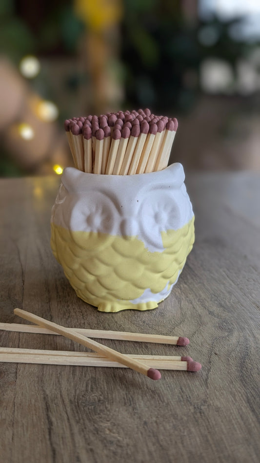 Yellow and White Owl Match Jar
