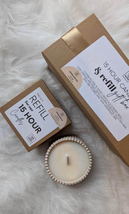 Sandalwood Blend 15 Hour Refill Gift Box - Refillable 15 Hour Candle + Extra Refill - Candle